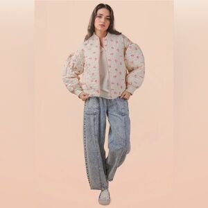 Very J Floral Quilted Bomber Jacket Pink and Cream | Spring Bomber Floral Jacket